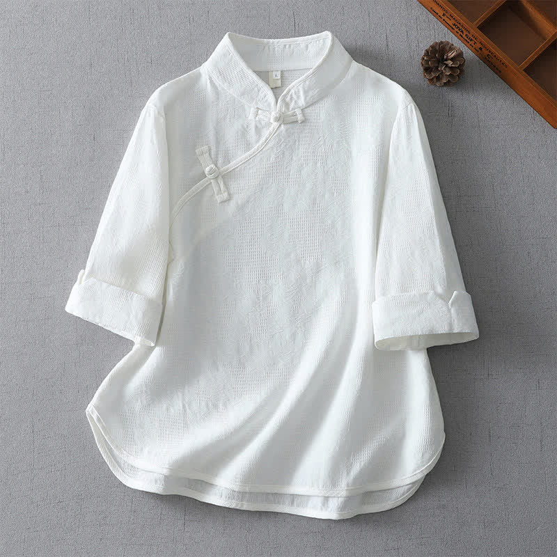 Buddha Stones Chemises d'été décontractées à col mandarin pour femmes, unies, à manches 3/4 et col mandarin. - Blanc - US12, UK/AU16, EU44 (3XL) - image 7