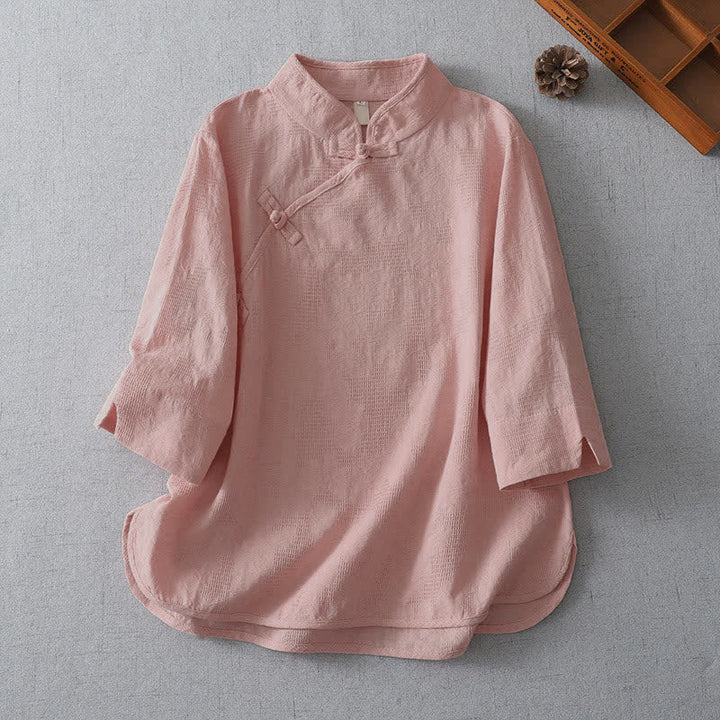 Buddha Stones Chemises d'été décontractées à col mandarin pour femmes, unies, à manches 3/4 et col mandarin. - Rose clair - US12, UK/AU16, EU44 (3XL) - image 4