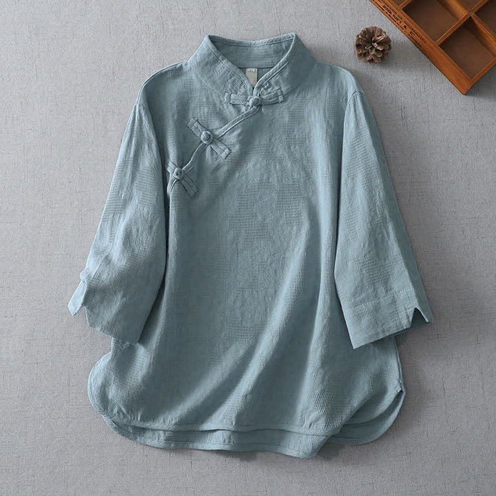 Buddha Stones Chemises d'été décontractées à col mandarin pour femmes, unies, à manches 3/4 et col mandarin. - Bleu acier clair - US12, UK/AU16, EU44 (3XL) - image 0