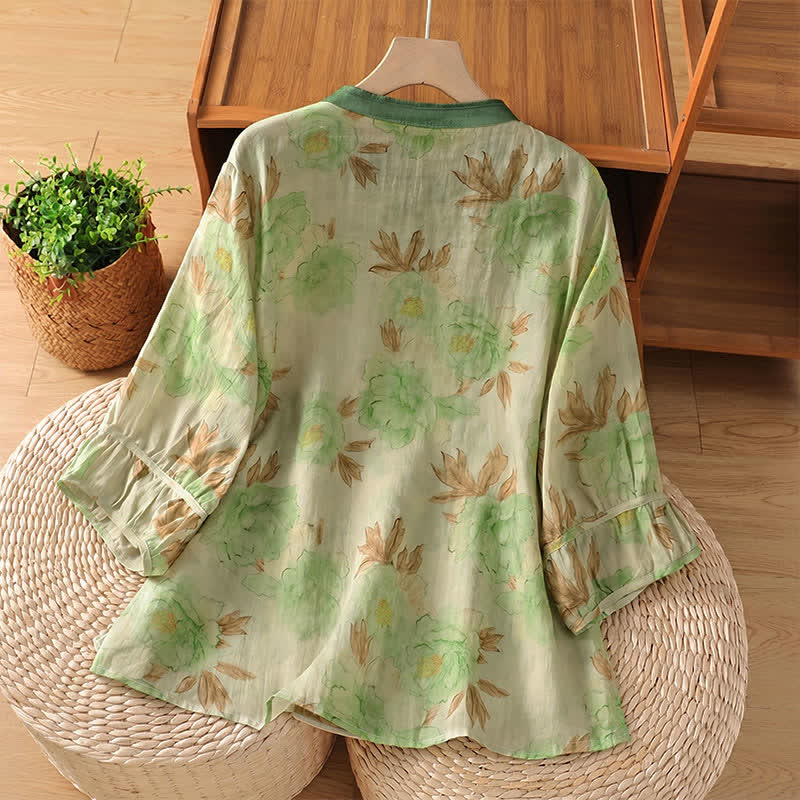 Buddha Stones Chemises à manches courtes pour femmes, style Tang vintage été, col mandarin, motif floral et feuilles - image 8