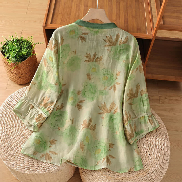 Buddha Stones Chemises à manches courtes pour femmes, style Tang vintage été, col mandarin, motif floral et feuilles - image 8
