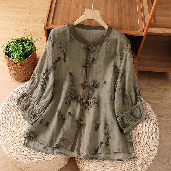 Buddha Stones Chemises à manches courtes pour femmes, style Tang vintage été, col mandarin, motif floral et feuilles - Tanné - US8-10, UK/AU12-14, EU40-42 (2XL) - image 0