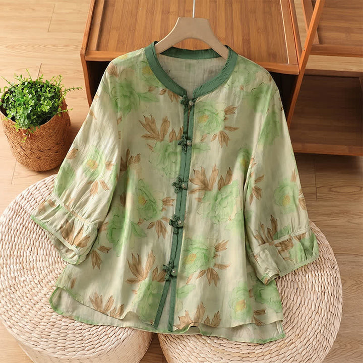 Buddha Stones Chemises à manches courtes pour femmes, style Tang vintage été, col mandarin, motif floral et feuilles - Vert foncé - US8-10, UK/AU12-14, EU40-42 (2XL) - image 7
