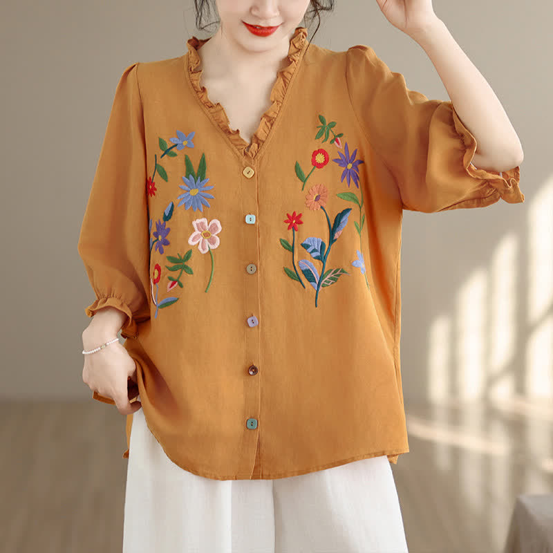 Buddha Stones Chemises d'été décontractées vintage brodées à fleurs colorées et à volants, col en V, manches trois-quarts, pour femmes - DarkGoldenrod - US8-10, UK/AU12-14, EU40-42 (2XL) - image 0