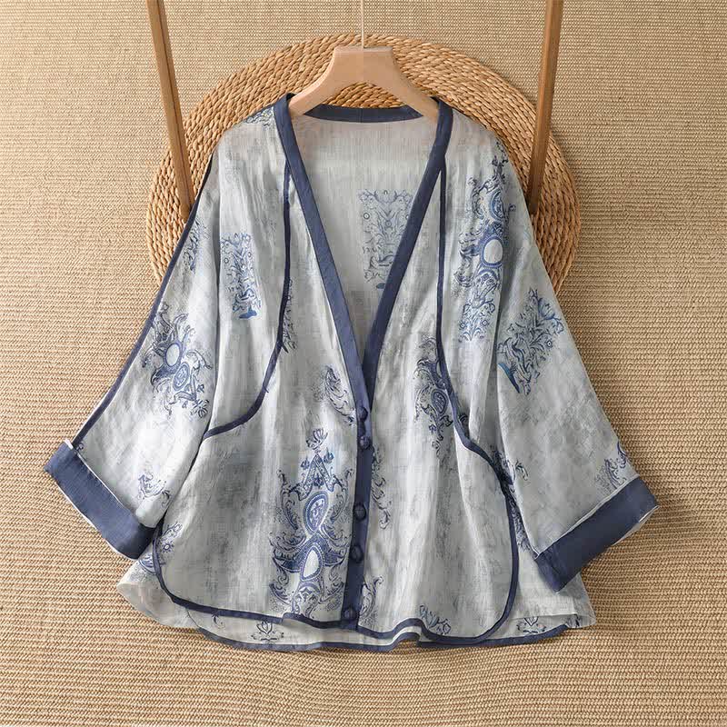 Buddha Stones Chemises d'été décontractées à manches longues pour femmes, style vintage, à fleurs, boutonnées, avec poche - Bleu acier clair - US14, UK/AU18, EU46 (2XL) - image 0