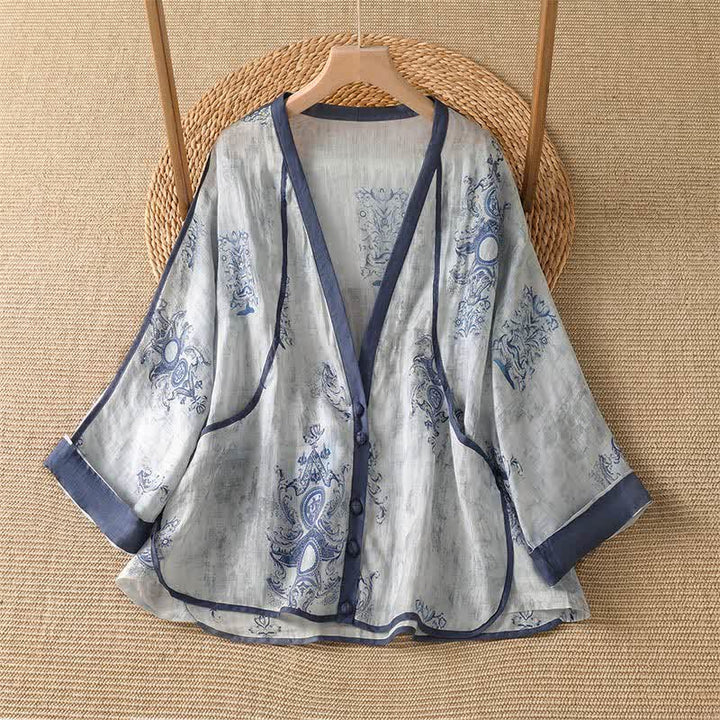 Buddha Stones Chemises d'été décontractées à manches longues pour femmes, style vintage, à fleurs, boutonnées, avec poche - Bleu acier clair - US14, UK/AU18, EU46 (2XL) - image 0