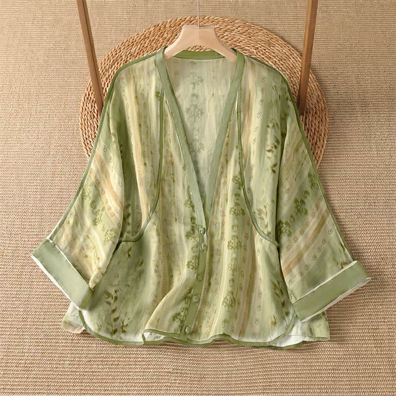 Buddha Stones Chemises d'été décontractées à manches longues pour femmes, style vintage, à fleurs, boutonnées, avec poche - JauneVert - US14, UK/AU18, EU46 (2XL) - image 6