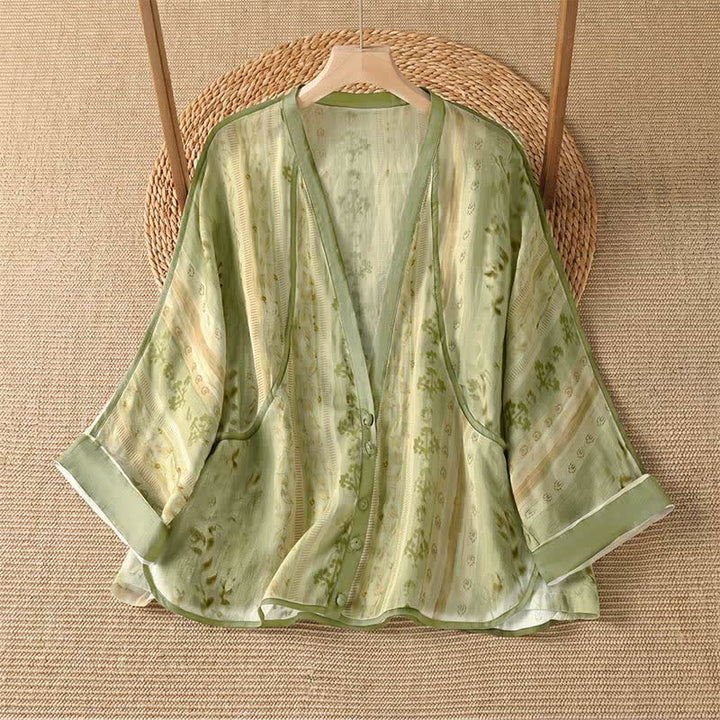 Buddha Stones Chemises d'été décontractées à manches longues pour femmes, style vintage, à fleurs, boutonnées, avec poche - JauneVert - US14, UK/AU18, EU46 (2XL) - image 6