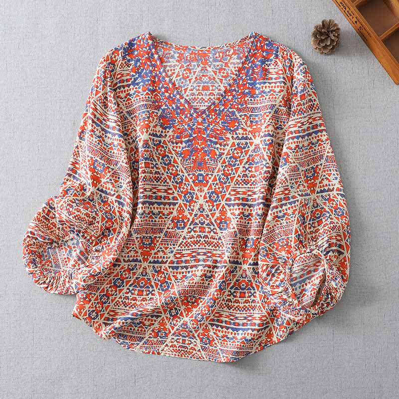 Buddha Stones T-shirt à manches longues pour femme, style bohème vintage rouge à motif géométrique et col en V - Saumon - US8-10, UK/AU12-14, EU40-42 (2XL) - image 0