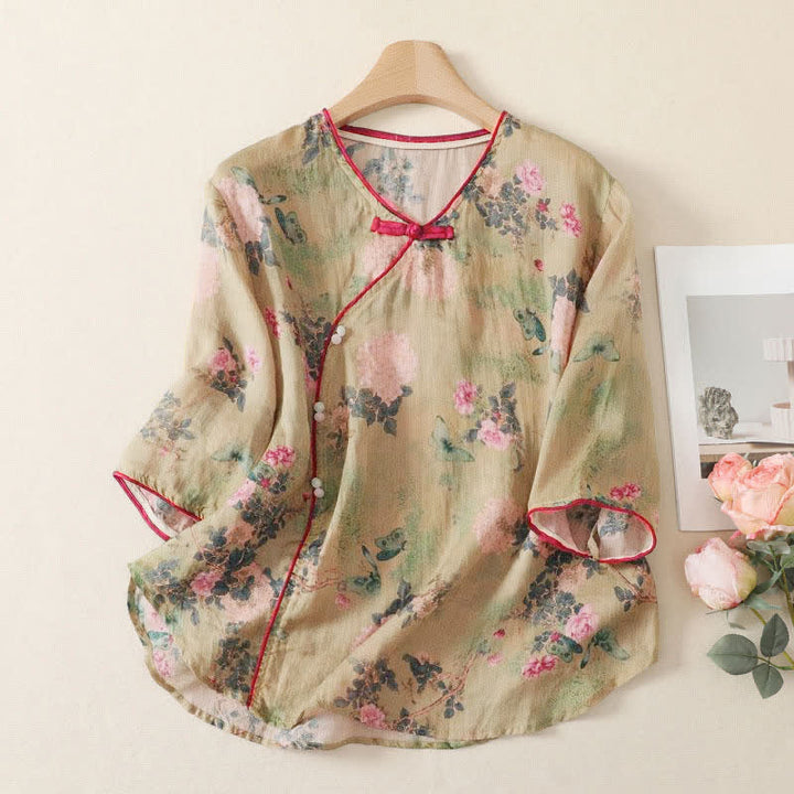 Buddha Stones Chemises d'été Tang Style Vintage à col mandarin et imprimé floral rose, manches 3/4 pour femmes - Kaki foncé - US12, UK/AU16, EU44 (2XL) - image 0