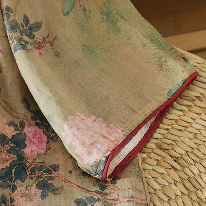 Buddha Stones Chemises d'été Tang Style Vintage à col mandarin et imprimé floral rose, manches 3/4 pour femmes - image 10