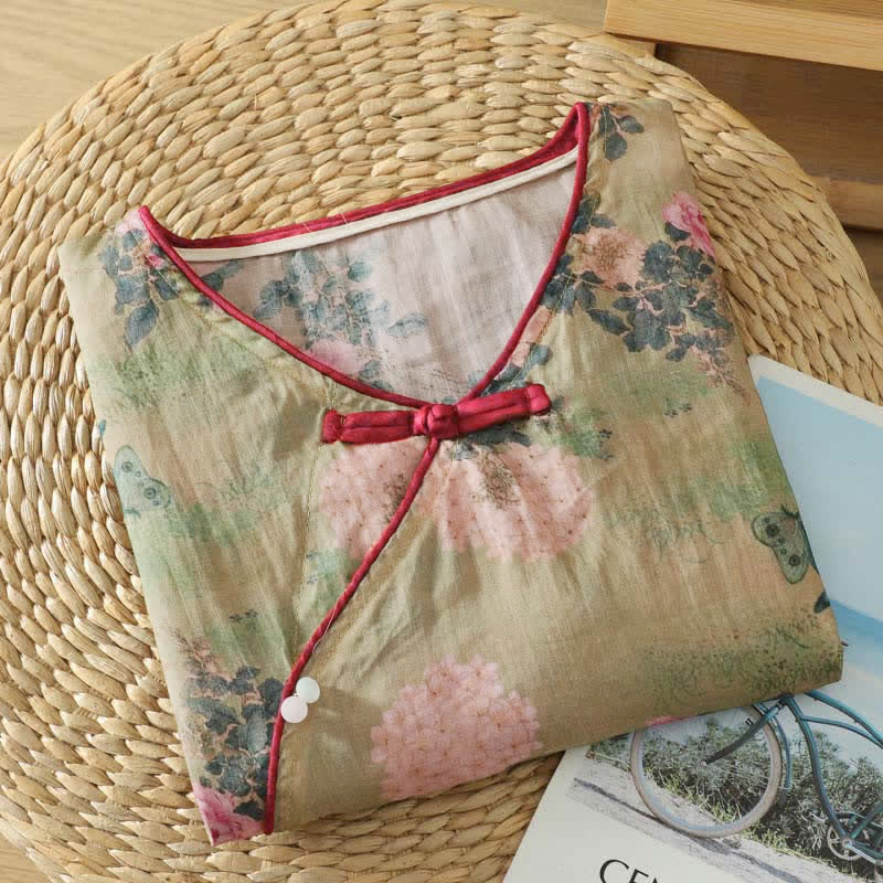Buddha Stones Chemises d'été Tang Style Vintage à col mandarin et imprimé floral rose, manches 3/4 pour femmes - image 3