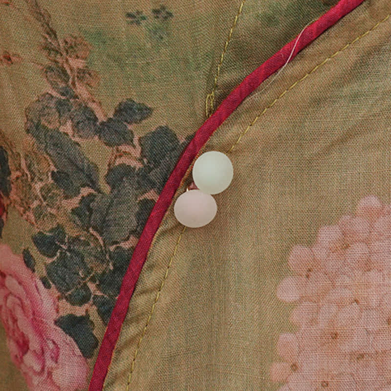 Buddha Stones Chemises d'été Tang Style Vintage à col mandarin et imprimé floral rose, manches 3/4 pour femmes - image 7