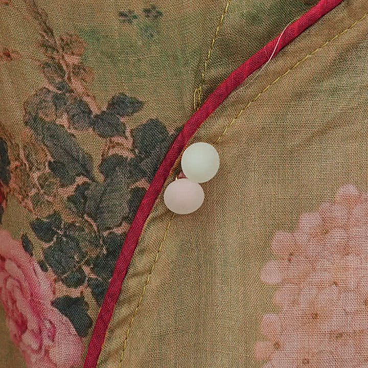 Buddha Stones Chemises d'été Tang Style Vintage à col mandarin et imprimé floral rose, manches 3/4 pour femmes - image 7
