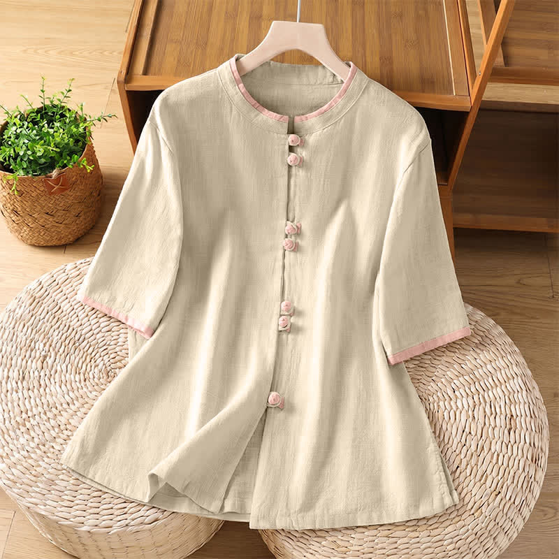 Buddha Stones Chemises à manches courtes contrastées pour femmes, style Tang, vintage, col rond et boutons grenouille, été - Beige - US8-10, UK/AU12-14, EU40-42 (2XL) - image 14
