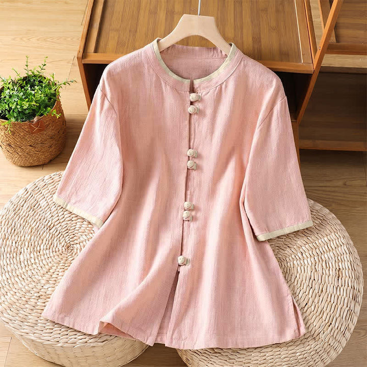 Buddha Stones Chemises à manches courtes contrastées pour femmes, style Tang, vintage, col rond et boutons grenouille, été - Rose clair - US8-10, UK/AU12-14, EU40-42 (2XL) - image 7