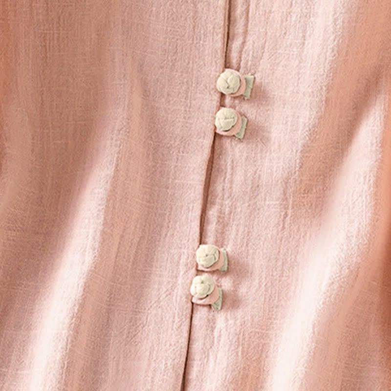 Buddha Stones Chemises à manches courtes contrastées pour femmes, style Tang, vintage, col rond et boutons grenouille, été - image 11