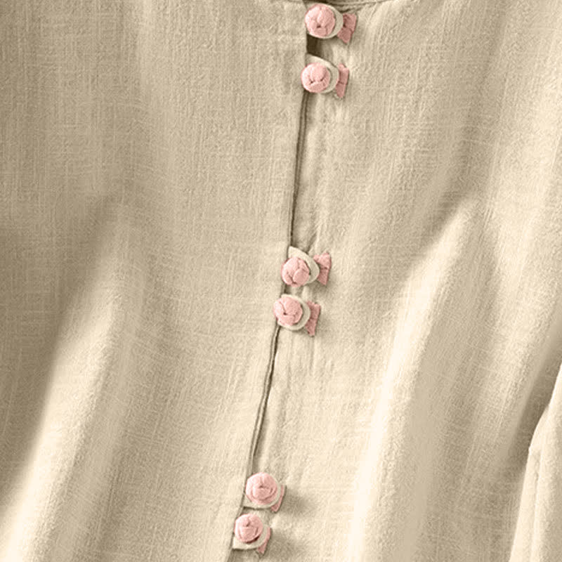 Buddha Stones Chemises à manches courtes contrastées pour femmes, style Tang, vintage, col rond et boutons grenouille, été - image 19