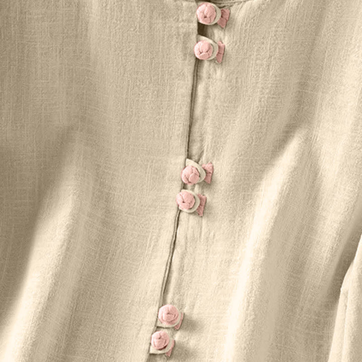 Buddha Stones Chemises à manches courtes contrastées pour femmes, style Tang, vintage, col rond et boutons grenouille, été - image 19