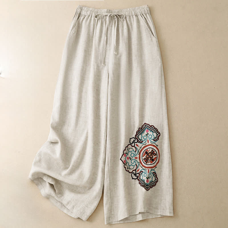 Buddha Stones Pantalon Capri d'été décontracté à broderie florale, pantalon large pour femme avec poches - image 2