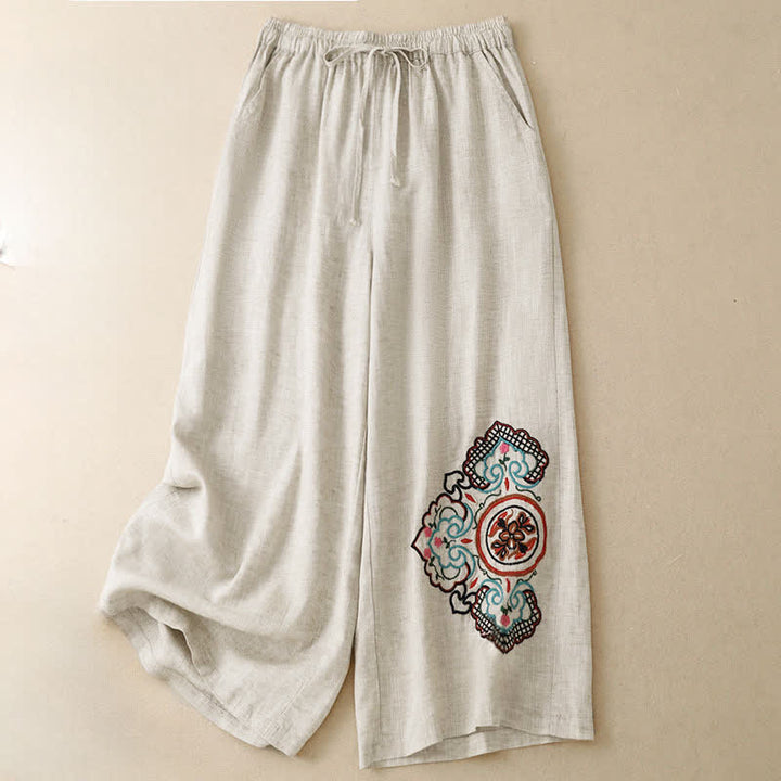 Buddha Stones Pantalon Capri d'été décontracté à broderie florale, pantalon large pour femme avec poches - image 2