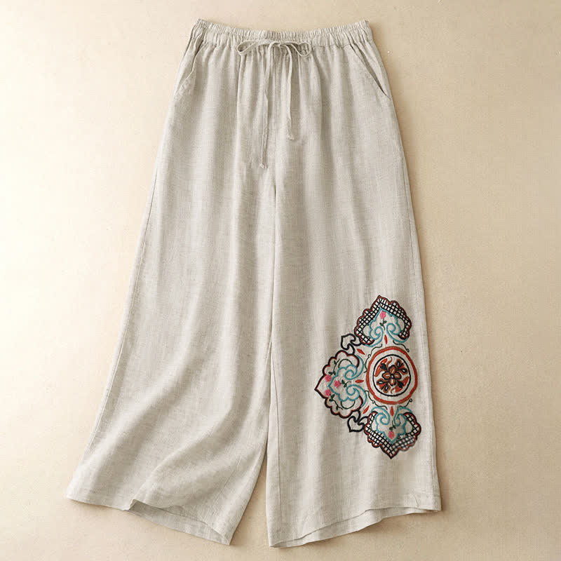 Buddha Stones Pantalon Capri d'été décontracté à broderie florale, pantalon large pour femme avec poches - Lin - US8-10, UK/AU12-14, EU40-42 (2XL) - image 0