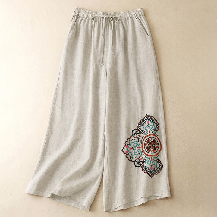Buddha Stones Pantalon Capri d'été décontracté à broderie florale, pantalon large pour femme avec poches - Lin - US8-10, UK/AU12-14, EU40-42 (2XL) - image 0