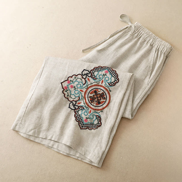 Buddha Stones Pantalon Capri d'été décontracté à broderie florale, pantalon large pour femme avec poches - image 3