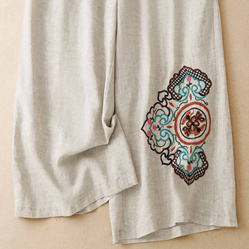 Buddha Stones Pantalon Capri d'été décontracté à broderie florale, pantalon large pour femme avec poches - image 6