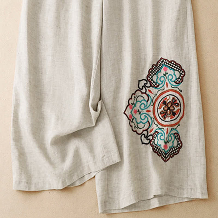 Buddha Stones Pantalon Capri d'été décontracté à broderie florale, pantalon large pour femme avec poches - image 6