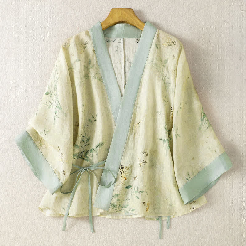 Buddha Stones Kimono d'été décontracté vintage à col en V, cordon de serrage, manches trois-quarts et bordures contrastées à motif floral. - Beige - US8-10, UK/AU12-14, EU40-42 (2XL) - image 0