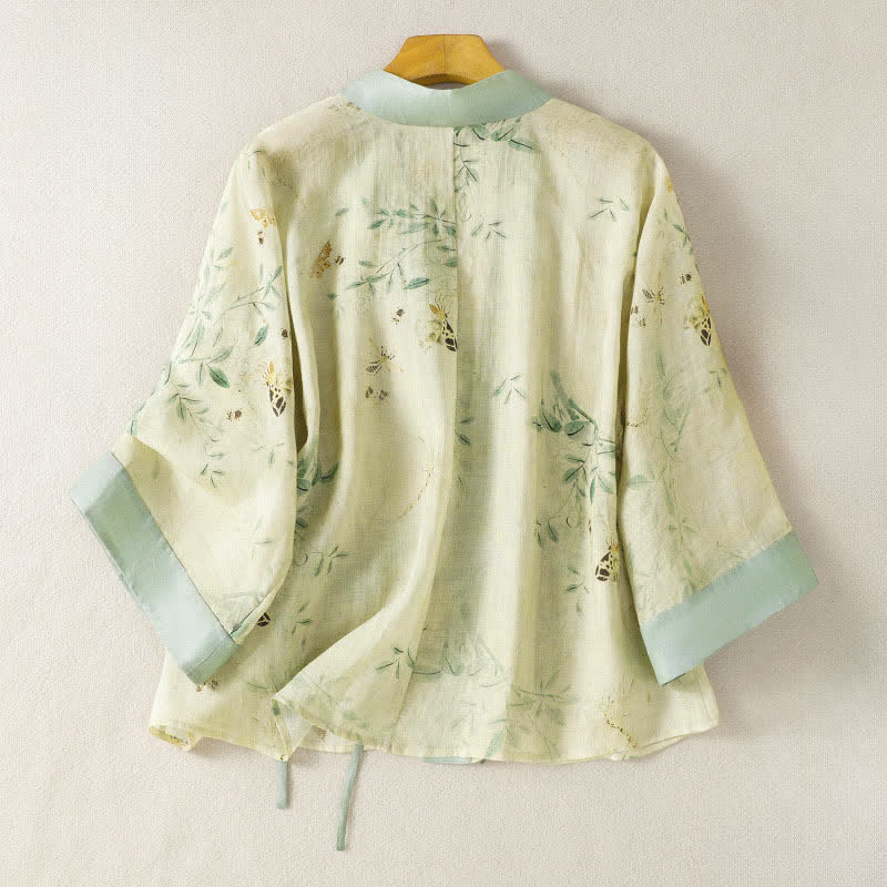 Buddha Stones Kimono d'été décontracté vintage à col en V, cordon de serrage, manches trois-quarts et bordures contrastées à motif floral. - image 1