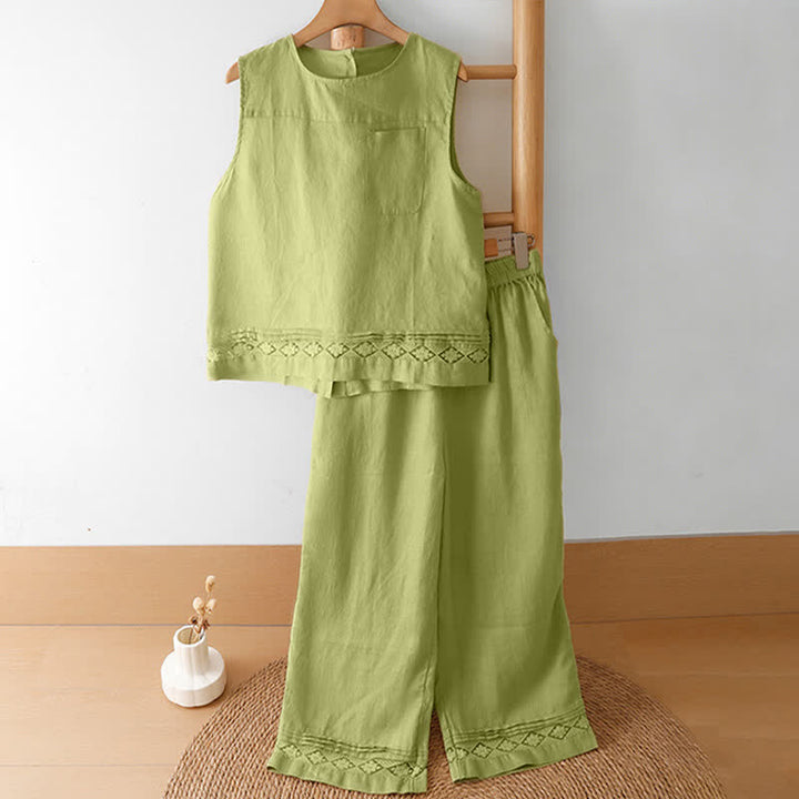 Buddha Stones Pantalon d'été minimaliste géométrique à ourlet ajouré et jambes larges avec poches pour femme - image 15