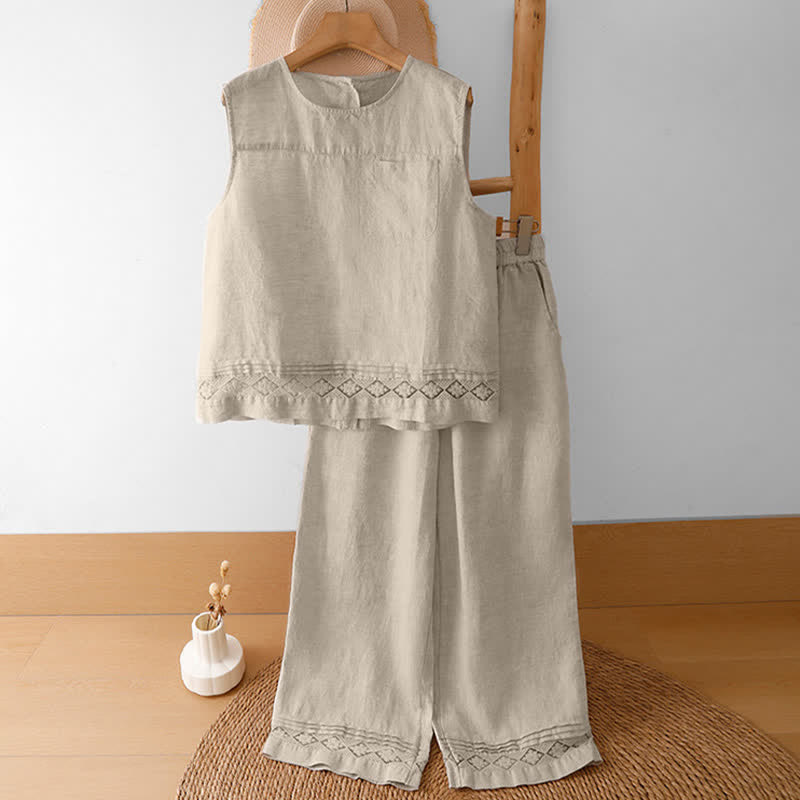 Buddha Stones Pantalon d'été minimaliste géométrique à ourlet ajouré et jambes larges avec poches pour femme - image 46