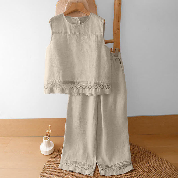 Buddha Stones Pantalon d'été minimaliste géométrique à ourlet ajouré et jambes larges avec poches pour femme - image 46
