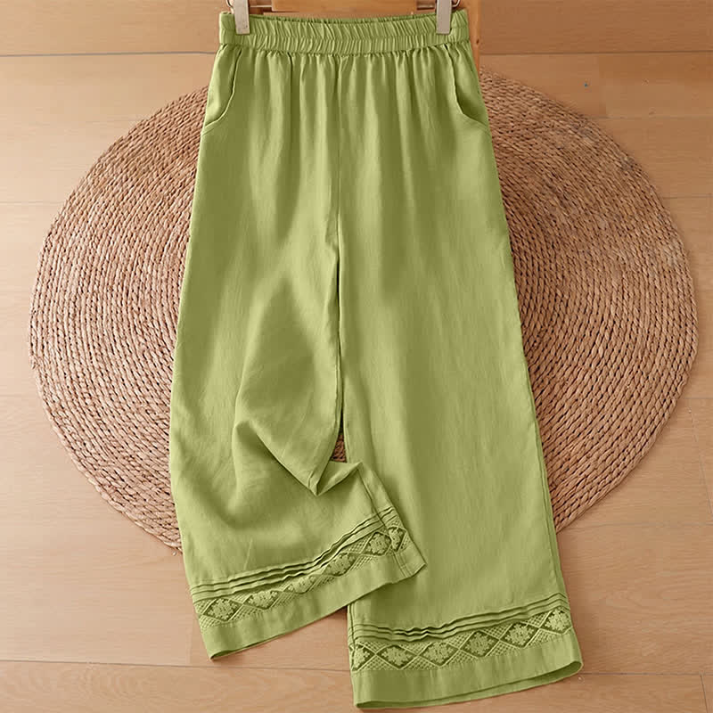 Buddha Stones Pantalon d'été minimaliste géométrique à ourlet ajouré et jambes larges avec poches pour femme - Pantalon jaune-vert - US8-10, UK/AU12-14, EU40-42 (2XL) - image 0