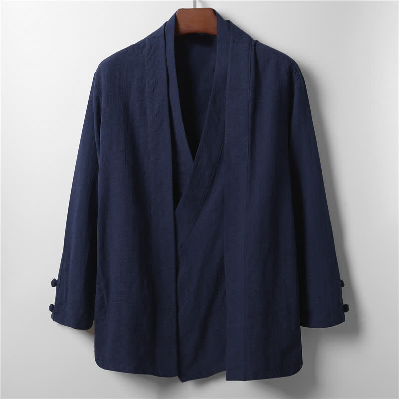 Buddha Stones Kimono homme en ramie unie, style minimaliste et décontracté, idéal pour le printemps. - Bleu nuit - US/UK/AU44，EU54 (4XL) - image 10