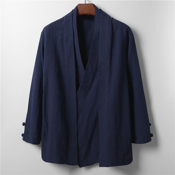 Buddha Stones Kimono homme en ramie unie, style minimaliste et décontracté, idéal pour le printemps. - Bleu nuit - US/UK/AU44，EU54 (4XL) - image 10