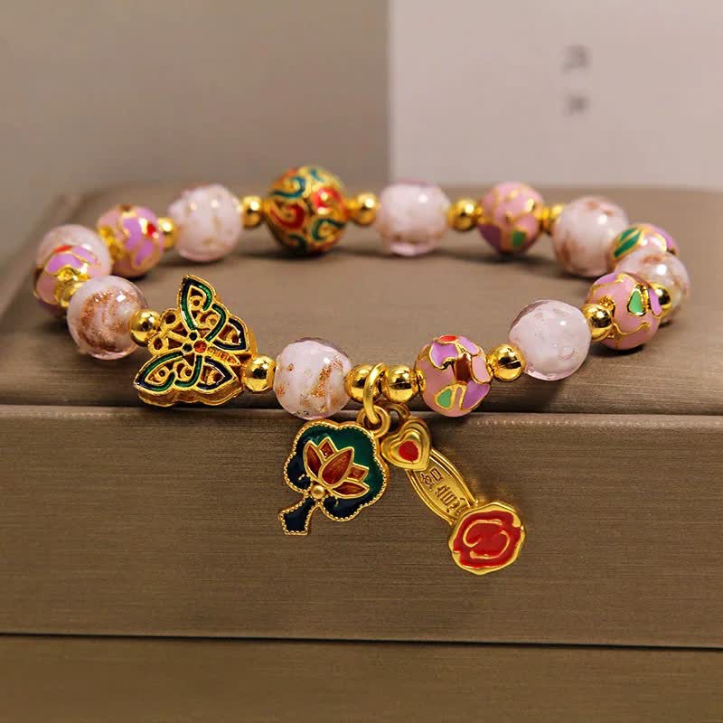 Buddha Stones Bracelet à breloques transformable avec papillon rose Liuli et lotus Ruyi - Bracelet Lotus Papillon Rose (Tour de poignet : 15-16 cm) - image 0