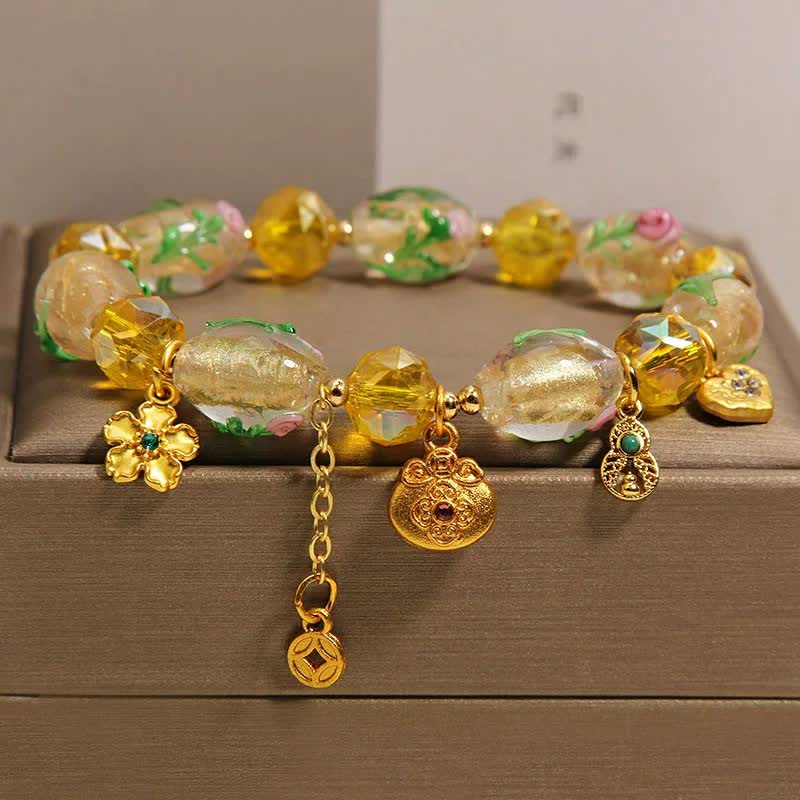 Buddha Stones Bracelet chinois porte-bonheur en cuivre, gourde et sac à monnaie à facettes en Liuli jaune, orné d'une pièce de monnaie et d'un pendentif en forme de gourde. - Liuli (Tour de poignet : 15-16 cm) - image 0