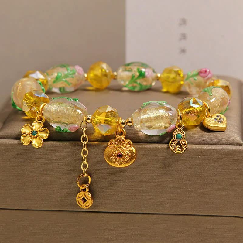 Buddha Stones Bracelet chinois porte-bonheur en cuivre, gourde et sac à monnaie à facettes en Liuli jaune, orné d'une pièce de monnaie et d'un pendentif en forme de gourde. - image 4