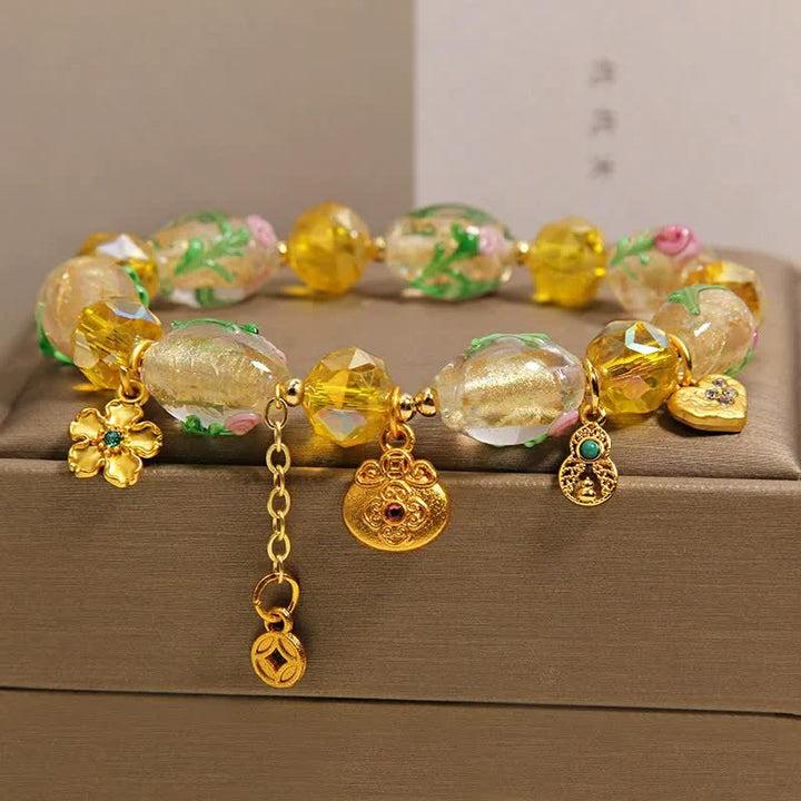 Buddha Stones Bracelet chinois porte-bonheur en cuivre, gourde et sac à monnaie à facettes en Liuli jaune, orné d'une pièce de monnaie et d'un pendentif en forme de gourde. - image 4