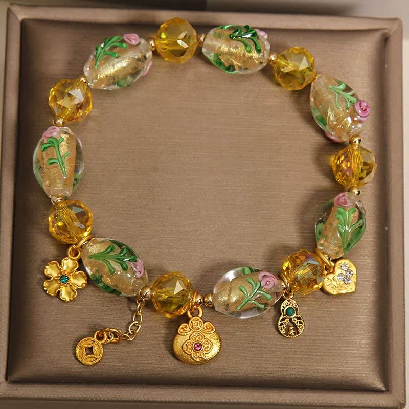 Buddha Stones Bracelet chinois porte-bonheur en cuivre, gourde et sac à monnaie à facettes en Liuli jaune, orné d'une pièce de monnaie et d'un pendentif en forme de gourde. - image 1