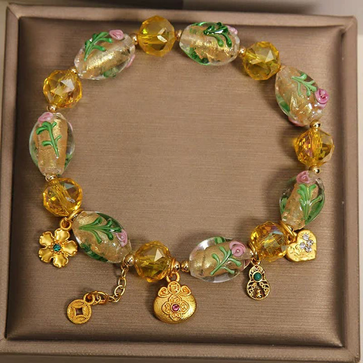 Buddha Stones Bracelet chinois porte-bonheur en cuivre, gourde et sac à monnaie à facettes en Liuli jaune, orné d'une pièce de monnaie et d'un pendentif en forme de gourde. - image 1