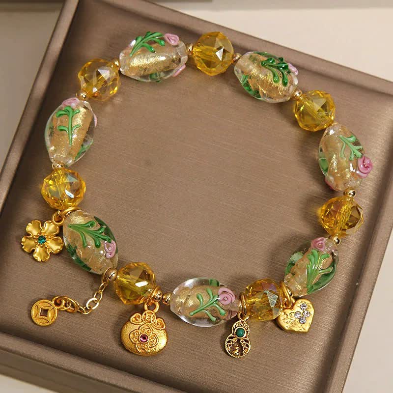 Buddha Stones Bracelet chinois porte-bonheur en cuivre, gourde et sac à monnaie à facettes en Liuli jaune, orné d'une pièce de monnaie et d'un pendentif en forme de gourde. - image 2