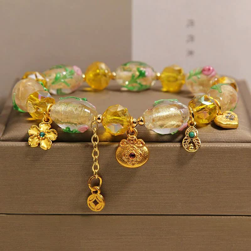 Buddha Stones Bracelet chinois porte-bonheur en cuivre, gourde et sac à monnaie à facettes en Liuli jaune, orné d'une pièce de monnaie et d'un pendentif en forme de gourde. - image 3