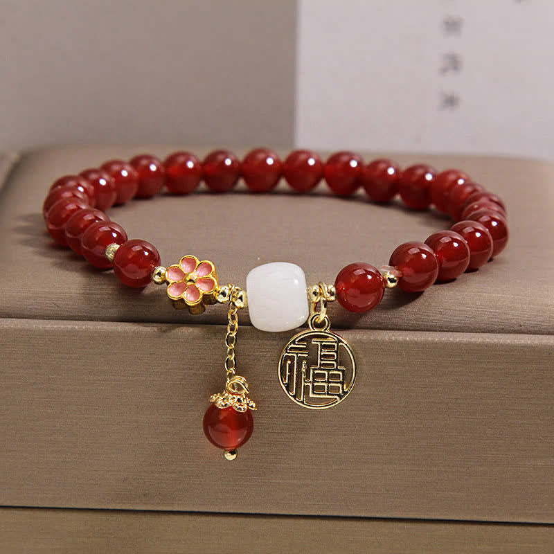Buddha Stones Bracelet porte-bonheur en agate rouge Fu, symbole de confiance et de chance - Personnage Fu (Chance ♥ Bénédiction) - image 0