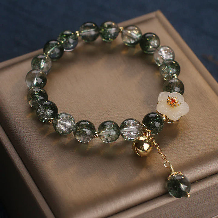 Buddha Stones Bracelet de richesse Green Phantom en jade blanc avec breloque fleur - image 2