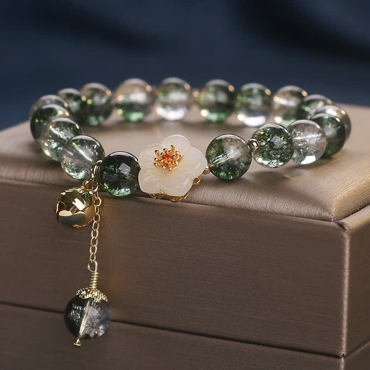 Buddha Stones Bracelet de richesse Green Phantom en jade blanc avec breloque fleur - image 4