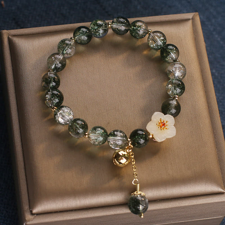 Buddha Stones Bracelet de richesse Green Phantom en jade blanc avec breloque fleur - image 1